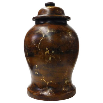 Chinese Distressed Brown Lacquer Golden Scenery Fat Jar