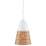 Currey and Company - One Light Pendant in Gesso White/Natural Rattan - A classic mix of materials fashioned in a contemporary arrangement defines the Arundo Pendant  which is made of natural rattan and wrought iron painted in a gesso white finish. A design detail of note on this white pendant light is how the thinner strips of rattan that loop to hold the thicker strands in place disappear into the shade through drilled holes.&nbsp