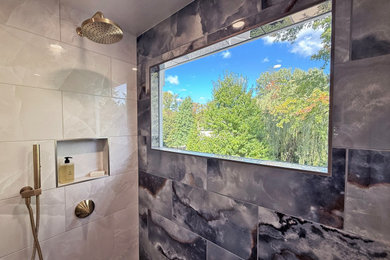 Bathroom - small transitional white tile and stone tile single-sink bathroom idea in DC Metro with a freestanding vanity