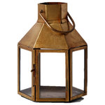 Serene Spaces Living - Hexagon Brass Lantern - This rustic brass-finished lantern can be beautifully used as a highlight on a wedding escort card table. Or create a non-floral centerpiece by clubbing it with our other gold and brass lanterns. Add our deep tea light in a clear holder to complete the look. This six-sided lantern is made of iron with clear glass panels and has a rustic brass finish.
