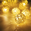 10' Rattan Ball LED Christmas String Lights, Warm White, Battery Operated