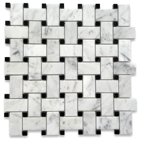 Carrara Marble Basketweave Mosaic Tile Carrera Black Dots Polished 1x2, 1 sheet