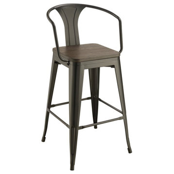 Pemberly Row Wooden Seat Bar Stool in Dark Elm and Matte Black