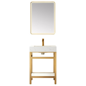 Funes Bath Vanity with Mirror, Brushed Gold Support, 24'', White Stone Top