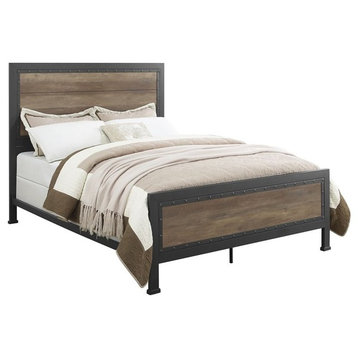 Queen Industrial Wood and Metal Panel Bed in Reclaimed Barnwood