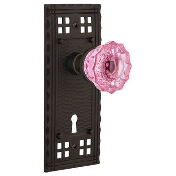 Craftsman Plate Single Dummy Crystal Pink Glass Knob, Oil-Rubbed Bronze