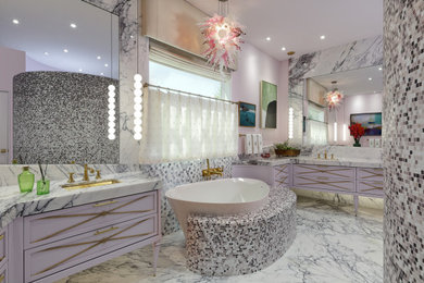 Bathroom - large eclectic master mosaic tile marble floor and double-sink bathroom idea in Phoenix with furniture-like cabinets, a bidet, an undermount sink, marble countertops, white countertops and a floating vanity