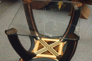 custom leather, copper, ebony, glass coffee table