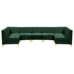 Meridian Furniture - Alina Velvet Modular U-Shaped Sectional, Green, 7-Piece: 5 Armless Chair, 2 Corner Chair - Bring modern beauty to your space with the addition of this Alina Velvet Modular sectional. This beautiful sectional features deep channel tufting to ramp up its visual interest and add to its resilient demeanor. Its soft green velvet upholstery blends nicely with existing elements in your room and is sleek to the touch, making this seat a super comfortable one. Part of the modular Alina collection, this sectional has a latch that attaches it to other pieces to create your custom seating arrangement.