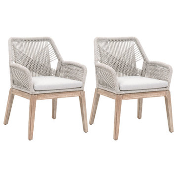 Taupe-White Rope Woven Arm Chair, Solid Gray Teak Legs, Set of 2