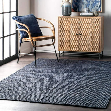 Farmhouse Area Rug, Hand Woven Braided Pure Jute In Navy Blue Finish, 7' Square