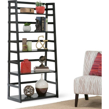 Acadian Solid Wood 63 Inch X 30 Inch Transitional Ladder Shelf Bookcase In Black