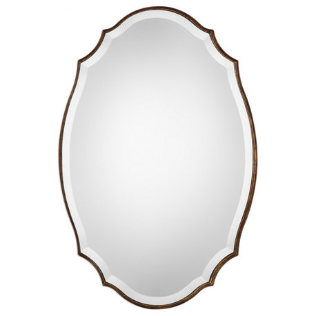 Beveled Mirror with a Rounded Edge and Antiqued Bronze Gold Oval Mirror, 20 X 30