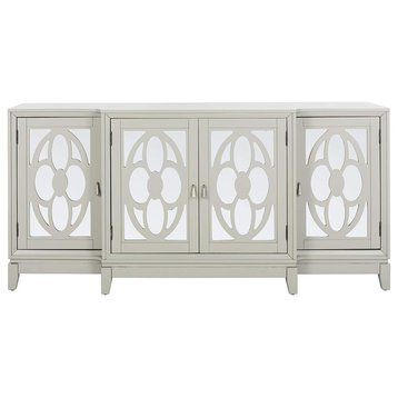 Contemporary Sideboard, Unique Design With Ornately Framed Mirrored Doors, Grey