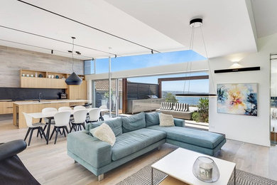 Expansive modern open concept living room in Sydney with medium hardwood floors.
