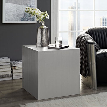 Modern End Table, Stainless Steel Construction With Cube Shape, Silver Finish