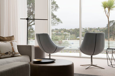 Living room - contemporary carpeted living room idea in Auckland