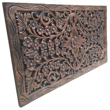 Wood Carved Panel, Decorative Flora Wall Relief Panel, Teak Wood Wall Hanging
