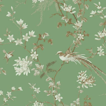 KT2175 Bird And Blossom Chinoserie Green Botanical Unpasted Non Woven Wallpaper