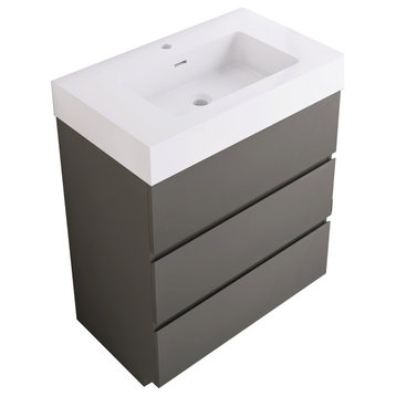 Wood Freestanding Bathroom Vanity Set with Integrated Resin Sink, Grey, 30"