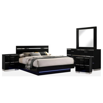 FOA Malva 5pc Black Wood Bedroom Set-King + 2 Nightstands + Dresser + Mirror