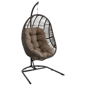 Isla Brown Wicker Hanging Egg Chair, Taupe Cushion