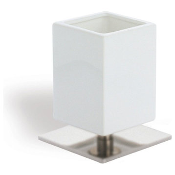 Square White Ceramic Toothbrush Holder With Brass Base, Satin Nickel