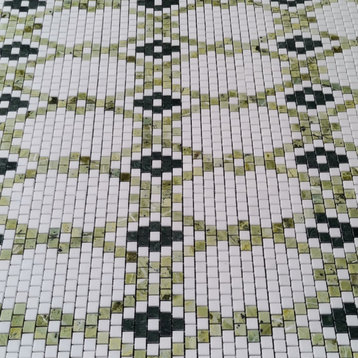 Thassos White Marble Square Diamond Mosaic Tile Green Marble Polished, 1 sheet