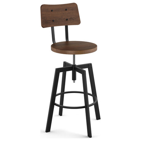 Amisco Woodland Adjustable Stool, Light Brown Distressed Wood / Black Metal