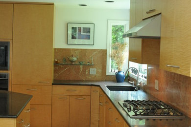 Eat-in kitchen - large contemporary l-shaped light wood floor eat-in kitchen idea in New York with flat-panel cabinets, light wood cabinets and an island
