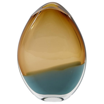 Elegant Amber Green Flat Oval Art Glass Vase 15" Contemporary Minimalist Clear