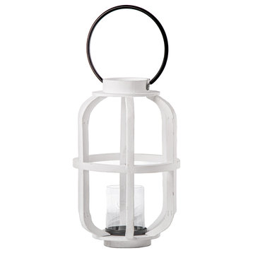 14" Wood Lantern with Metal Handle and Glass Candle Holder Painted White Finish