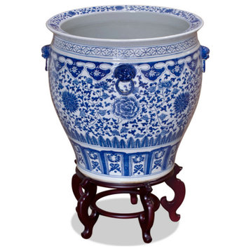 Hand-Painted Blue and White Canton Fishbowl, With Stand