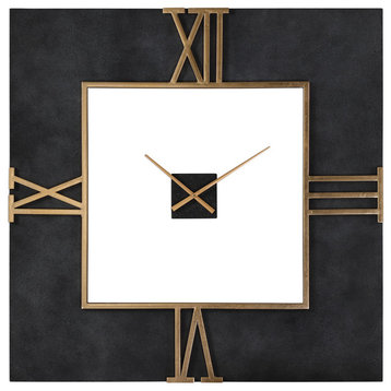 Oversize Black Concrete Square Wall Clock, Gold Open Mid-Cent. Modern Industrial