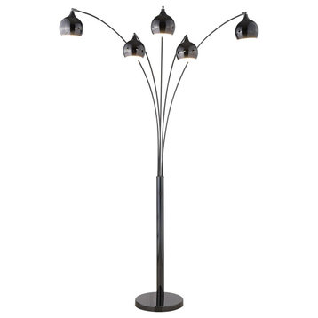 Modern Floor Lamp, Round Metal Base With 5 Adjustable Arched Arms, Jet Black