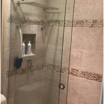 Inset tile creates a handy place to corral accessories