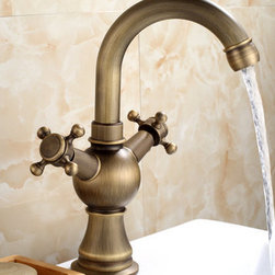 Antique Brass One Hole Two Handles Bathroom Sink Faucet T1808M - Bathroom Sink Faucets