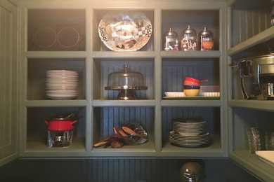 Inspiration for a mid-sized timeless u-shaped ceramic tile and black floor kitchen pantry remodel in DC Metro with beaded inset cabinets, green cabinets, wood countertops, green backsplash, wood backsplash and no island