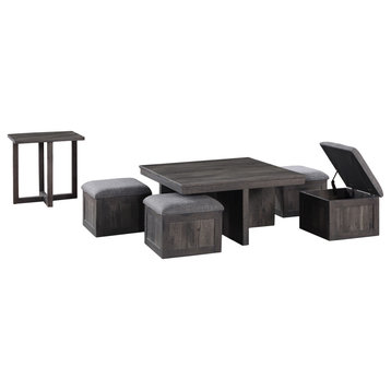 Moseberg Coffee Table with Storage Stools and End Table Set, Rustic Wood