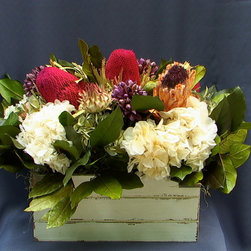 Floral Garden Arrangement, Preserved White Hydrangea, Pink Banksia - Home Decor