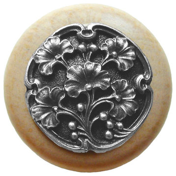 Ginkgo Berry Wood Knob, Antique Brass, Natural Wood Finish, Antique Pewter