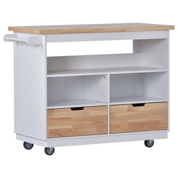 Modern Kitchen Cart, Drawers & Multiple Shelves With Thick Natural Top, White