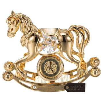 24K Gold Plated Crystal Studded Rocking Horse Desk Clock Ornament