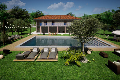 Foto de piscina rústica grande rectangular en patio trasero con paisajismo de piscina