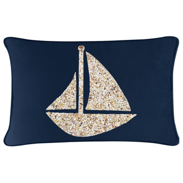 Sparkles Home Shell Sailboat Pillow, Navy Velvet, 14x20"