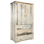 Montana Woodworks - Homestead Collection Armoire/Wardrobe, Clear Lacquer Finish - This rustic, handcrafted armoire will bring rustic charm into any room of your home. The armoire can be used for a variety of purposes from wardrobe storage to securely displaying your television monitor or display. Made from solid, American grown wood, the edge glued panels utilized in the armoire and other Montana Woodworks  furniture is nicely complimented by genuine lodge pole pine accents. Two doors conceal a large (appx. 39W x 21D x 40H) storage area. The three drawers each measure 33" W x 17" D and feature full extension, ball bearing drawer slides for years of trouble free use. A one-inch removable dowel spans the width of the inside to allow for hanging of clothing. Comes fully assembled. a 20-Year limited warranty is included at no additional charge. Hand crafted in Montana U.S.A. using genuine lodge pole pine!