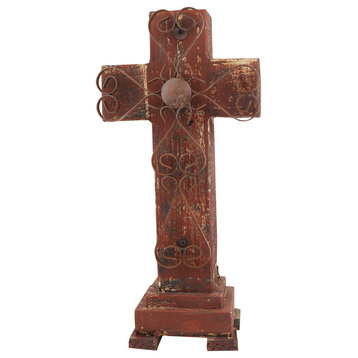 Laredo Rustic Pedestal Wood and Iron Handmade Cross, Red