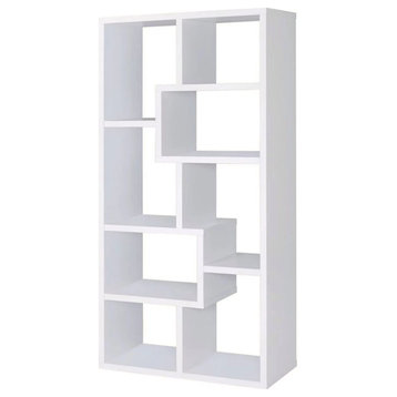 Tall Modern Bookcase, Geometric Design With Open Comparments, White