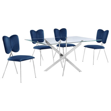 Rectangle 60" x 38" 5pc Clear Glass Dining Set with Navy Blue Chairs
