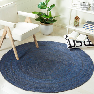 Safavieh Natural Fiber Nfb901M Solid Color Rug, Navy and Blue, 5'0"x5'0" Round